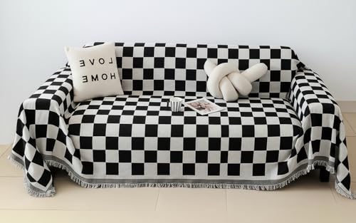Image of The Furnishing Tree 3 Seater Reversible Chenille Sofa Cover, Double-Sided Luxury Throw, Anti-Slip Couch Cover, Soft & Comfortable Sofa Towel for All Seasons, Checkerboard