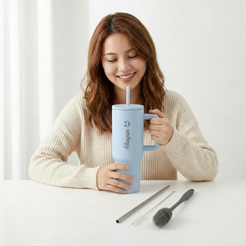 Image of Personalised 1200ml Insulated Stainless Steel Tumbler with Handle and Straw Lid - Large Travel Mug for Coffee & Water, Double Wall Vacuum Cup, Car Cupholder Friendly (Cloud Blue)