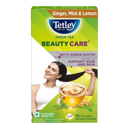 Tetley Green Tea Beauty Care, With Added Biotin, Supports Hair and Skin, 0 Calories, Natural Ginger, Mint and Lemon Flavors, 25 Sachets (1.7 g each)