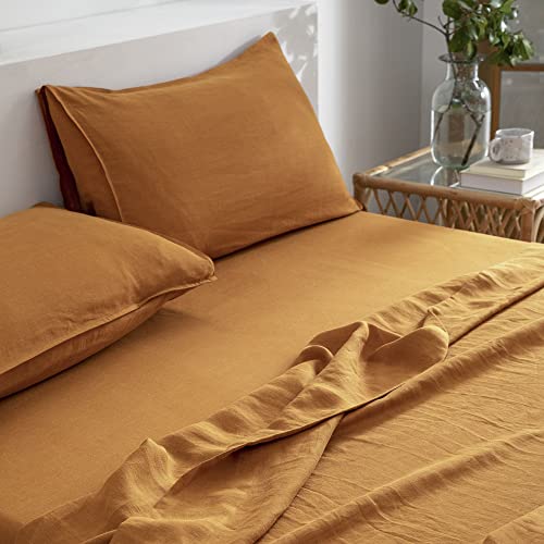 Image of EVERLY Linen Sheets Set Full Size,100% French Stonewash Pure Linen Sheets Set,4Pieces (1Flat Sheet,1Fitted Sheet,2Pillowcase) Suitable for Hot Sleepers,16Inch Deep Pocket Natural Bedding Set-Caramel