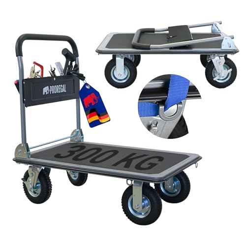 PROREGAL Chariot à Plateforme Professionnel BIG Rhino 300 kg Pliable avec pneus pneumatiques, roulettes pivotantes à 360° et roulettes Fixes avec Frein de stationnement