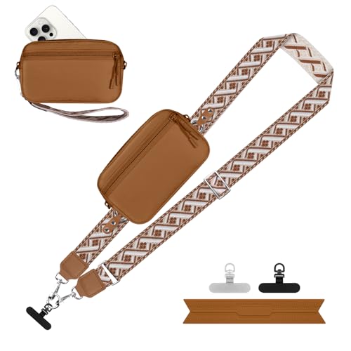 Image of YFWE Clip and Go Strap for Phone with Wallet Crossbody, Adjustable Phone Lanyard with Detachable RFID Wristlet Wallet, Pattern Strap - Bronze(L)