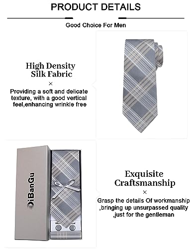 Image of DiBanGu Plaid Ties for Men Silk Checkered Necktie and Pocket Square Cufflinks Tie Clip Set with Gift Box for Wedding Business