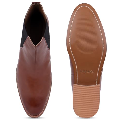 Image of LOZANO Genuine Leather Tan Chelsea Boots for Men | High Ankle Boots, Soft Cushioned Insole, Slip-Resistance, Arch Support & Shock Absorption