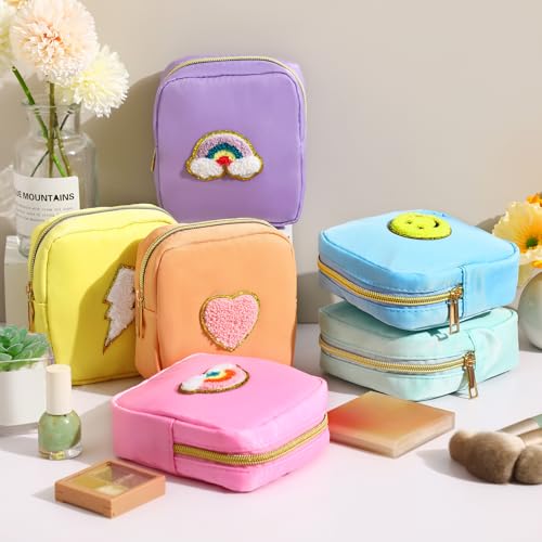 Zubebe 6 Pcs Preppy Patch Cute Makeup Bags Toiletry Bags Skincare Pouch Chenille Letter Nylon Bag for Purse Small Zipper Cosmetic Makeup Pouch Preppy Things for Travel(Fresh Color)3