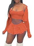 XZLUFNY 3 Piece Sweatsuits for Women Bare Midriff Crop Top Full Sleeve Blouse High Waisted Sport Skirt Orange XL