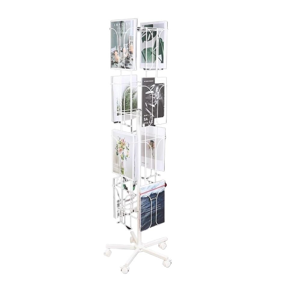 Porte-revues présentoir rotatif en métal blanc sur pied pour catalogues