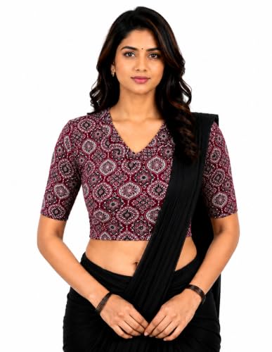 Image of Mogsa Women's Kalamkari Print Cotton Stretchable V-Neck Readymade Saree Blouse | Soft Cotton Blend | Stretch Fabric | Ready-to-Wear