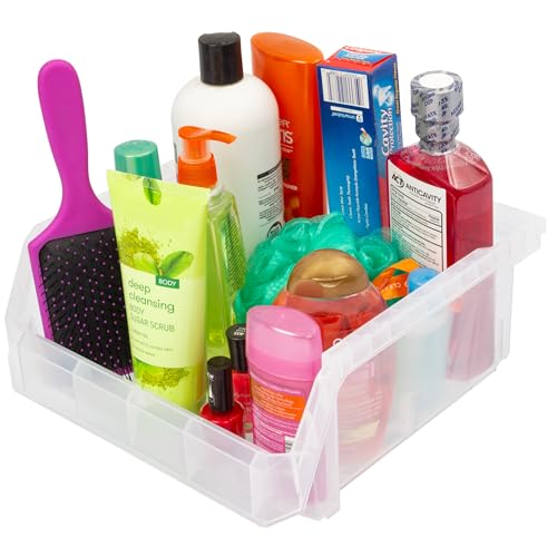 Image of ReadySpace Plastic Containers for Organizing and Storage Bins for Drawers, Desks, Office Organization, and Garage, Stackable Bins, Medium-Wide (5 inch x 11 inch x 11 inch), 4-Pack, Clear