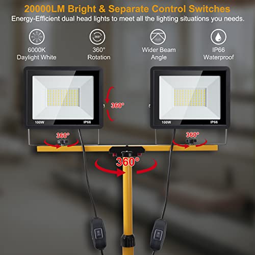 Orhomelife 200W Work Light With Stand 20000 Lumens Led Tripot Light Dual Head With 14.8Ft Power Cord, 6000K Daylight White, Ip66 Waterproof, Adjustable Metal Tripod Up To 63" For Indoor Outdoor Repair #TOP4