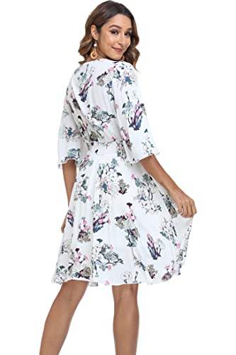 Image of VintageClothing Women's Floral Sundresses Flowy Boho Summer Beach Dress | Lightweight Breathable material,Elegant V Neck and Button Front Design,Flared Bell Sleeve Cut,Mini Casual dress