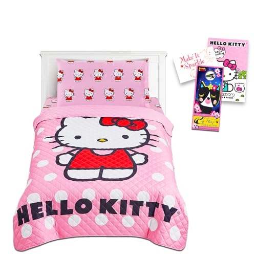Hello Kitty Sheet Set - Bundle of Bedding with Bedspread, Flat Sheet, Fitted Sheet, and Pillowcase for Twin Bed, More | Bedroom Decor