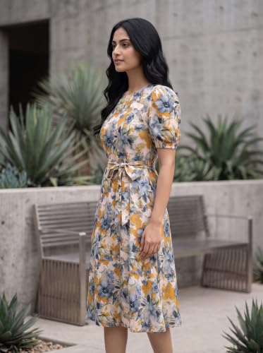 Image of HELLCAT Women Floral Fit & Flare Midi Dress | Round Neck, Puff Short Sleeve, Waist Tie-Up Belt | Casual Brunch Wear, Western One Piece, A-Line Long Frock, Summer Party Outfit