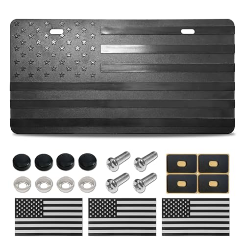 GNSZSN American Flag Front License Plate - Black Plastic 3D Embossed Patriotic USA Flag for 2-Hole Bumper Mount Car Tag with Screws & Caps