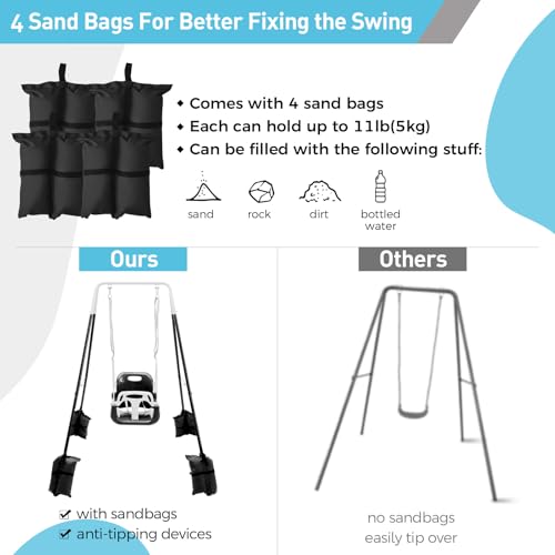 Image of FUNLIO 3-in-1 Toddler Swing Set with 4 Sandbags, Indoor /Outdoor Baby Swing with Foldable Metal Stand, Kids Swing Set for Backyard, Clear Instructions, Easy to Assemble & Store - Black