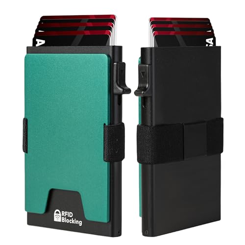 Image of Minimalist Mens Card Holder Wallet, RFID Blocking Slim Smart Pop Up Aluminum Wallet,Holds 12+ Cards,Expandable Compact Plate,Cash Strap /Money Clip (Forest Green)