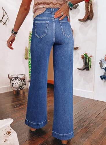 SHEWIN Women's Wide Leg High Waisted Flare Jeans Stretchy Straight Leg Jeans Buttoned Denim Pants with Pockets2