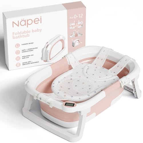 Image of napei Collapsible Baby Bathtub,Baby Bath Tub with Soft Cushion & Thermometer,Baby Bathtub Newborn to Toddler 0-36 Months,Portable Travel Baby Tub