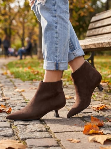 Image of Coutgo Womens Kitten Low Heel Booties Pointed Toe Short Ankle Boots Back Zipper Fall Shoes