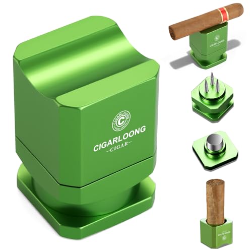 CLZOONG Cigar Punch & Cigar Stand, Stainless Steel Cigar Holder with Hole Opener Cutter & Draw Enhancer Tool Sharp Triple Needle, Compact Cigar Rest Gift for Men (Green)