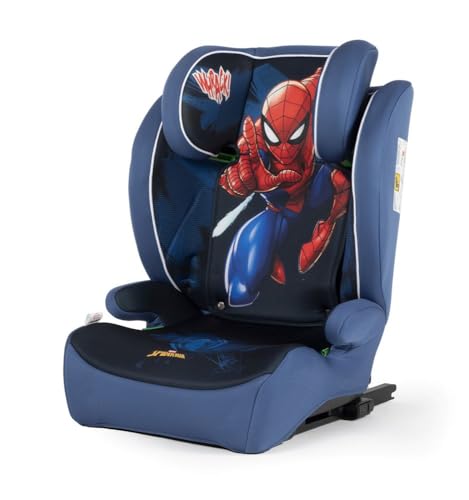 Tataway Marvel Seggiolino auto Spiderman con attacco ISOFIX per la sicurezza dei bambini con altezza da 100 a 150 cm con grafiche del supereroe uomo ragno su fondo blu