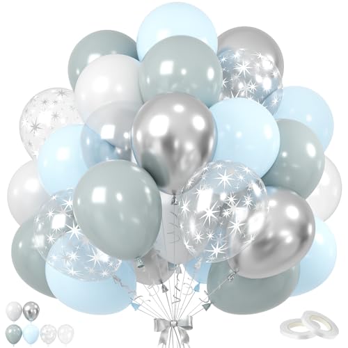 Image of Dusty Blue Party Balloons, 60PCS Light Blue Pearl White Silver Balloon, 12 Inch Star Printed Transparent Latex Balloons Helium for Boys Birthday Wedding Baby Shower Gender Reveal Party Decoration