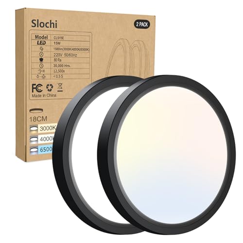 slochi 2 Pack Bathroom Ceiling Light, 3000K/4000K/6500K 3 Color Temperature, Waterproof IP44, Small, Round, Dome, Modern, 15W 1500LM Flush Ceiling Light for Bathroom, Kitchen, Hallway,Ø18CM(Black)