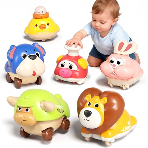 STACTCUTE 6pcs Press and Go Animal Toy Cars for Toddlers 1-3, Baby Push Go Battery-Free Long-Distance Friction Powered Vehicles for 6-12-18 Months, 1st Birthday Gifts for 1 2 Year Old Boy Girl