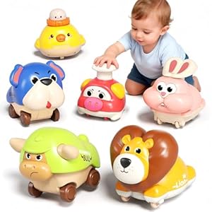 STACTCUTE 6pcs Press and Go Animal Toy Cars for Toddlers 1-3, Baby Push Go Battery-Free Long-Distance Friction Powered Vehicles for 6-12-18 Months, 1st Birthday Gifts for Boys & Girls