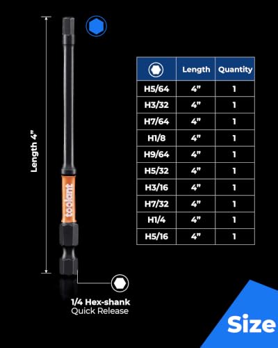 Image of toolant Impact Hex Head Allen Wrench Drill Bit Set 10pcs (SAE), 1 /4 inch Hex-Shank S2 Steel Hex Bits Set, CNC Machined Tips with Magnetism, 4 inch Long with Storage Box