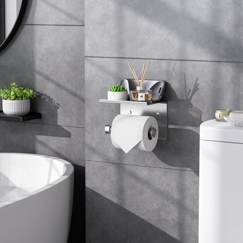 Tindbea TP002 Toilet Paper Holder With Phone Shelf, Adhesive Or Screw Wall Mount Toilet Tissue Roll Holder, Rustproof & Multifunctional Stainless Steel Bathroom Storage Dispenser  thumb #1