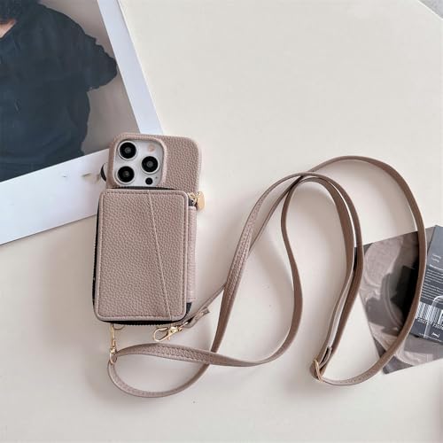 Portefeuille bandoulière kaki pour iPhone 14 Pro, l'étui collier idéal pour voyager