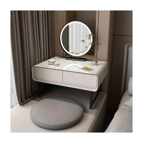 Moderna mesa de tocador de maquillaje con luz LED, brillo ajustable, espejo abatible de 80 cm, juego de tocador para dormitorios y tocador de pizarra blanca rota