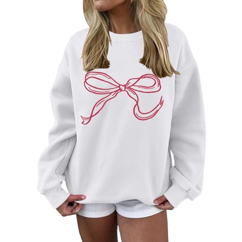 Cocila Women Bow Graphic Sweatshirts Oversized Pullover Crewneck Tops 2024 Fall Fashion Clothes Winged For (White, Xxl) Womens Hoodie Zip Up Fleece Hoodies Ladies Uk White Blanket Red Double