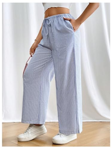 Floerns Women's Striped Elastic Drawstring Waist Straight Wide Leg Pants with Pockets3