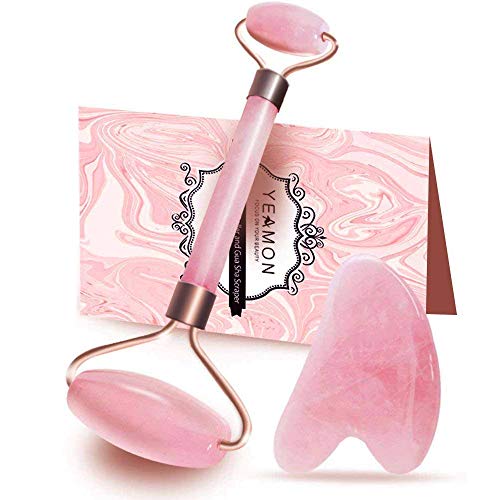 Anti Aging Natural Jade Roller for face and Gua Sha Scraping Massage Tool Set Therapy, 100% Natural Rose Quartz Facial Roller with Double Neck Slimming Massager (Pink Quartz)