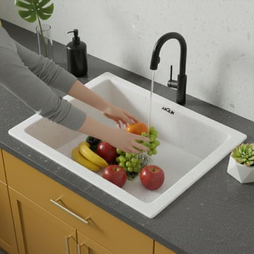 Image of ARQUIN Quartz Sink 21x18x9 Inch Rosa | Single Bowl Sink | Durable & Scratch-Resistant | Undermount /Topmount Including Coupling, Waste Pipe & Fruit Washing Basket