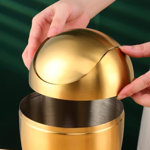Image of Buyer Star Mini Desktop Trash Can with Swing Lid, 18 /10 Stainless Steel Desktop Garbage Can Counter Top Egg Shaped Metal Waste Bin (Gold, 0.4 Gallon)