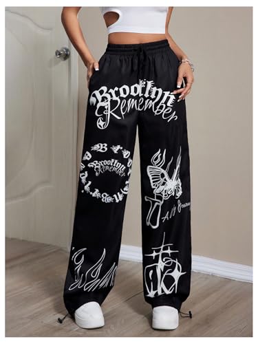Verdusa Women's Hip Hop Letter Graphic Pants Drawstring High Waisted Straight Leg Trousers3