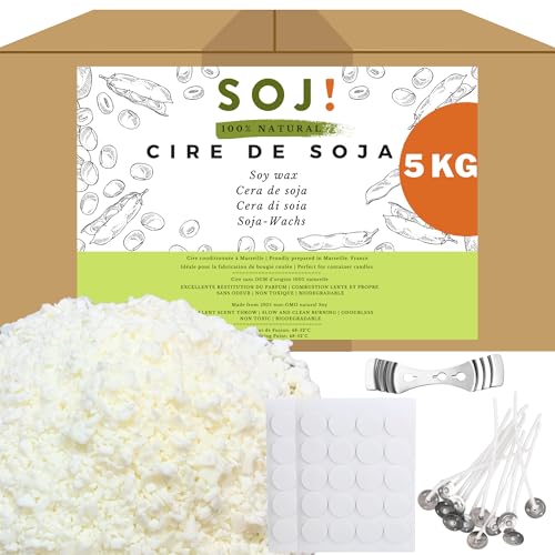 Soj - Cera di soia 5KG per candele SENZA OGM 100% naturale, E-BOOK+50 stoppini in omaggio Fabbricazione di candele colate, Cera candele, Cera per candele, Condizionata in Francia (5KG Fiocchi)