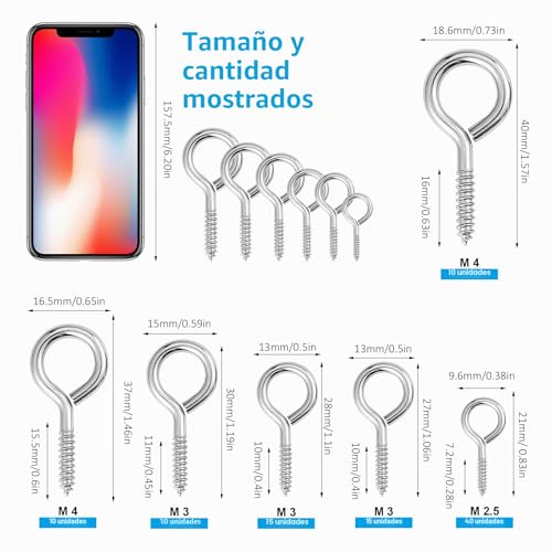 Miniatura 3 de Jalan 100 Piezas Ganchos De Tornillo, Hembrillas Cerradas, Pequeño 6 Tamaños, Pernos De Ojos Atornillables Cancamos Grandes Y Alcayatas Por Madera Artesanía Llavero