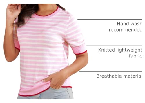 Image of Womens Tops Summer Short Sleeve Shirts Striped Sweater Cute Casual Top Trendy Women Clothing Crewneck Knit Blouses