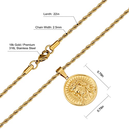 KRKC&CO Gold Jesus Pendant Medallion Necklace Men, Cross/St Christopher Circle Coin Vintage, Birthday Gift for Him Husband, 2.5mm, 22in4