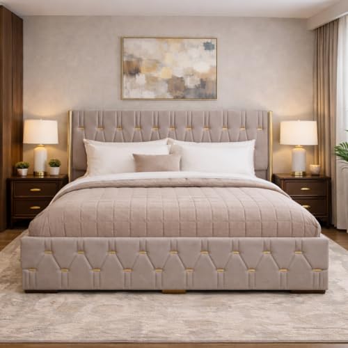 Image of Royal Aura Upholstered King Size Bed with Box Storage for Bedroom | Elegant Wooden Double Bed with Storage | Platform Cot Palang with Tufted Headboard | 6.5 x 6 Ft | Sheesham Wood | Navy