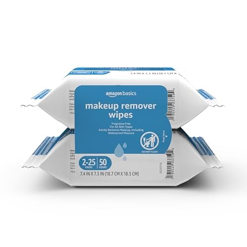 Amazon Basics Make Up Remover Wipes, Fragrance Free, 25 Count, Pack of 2 (Previously Solimo)
