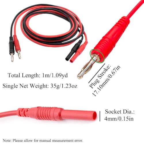 Verlängerungsset für Multimeter-Messleitungen: 4mm Bananenstecker auf Buchse, Silikondrähte, Stecker auf Buchse, für DMMs, inklusive Krokodilklemmen, 1000V 15A, rot & schwarz
