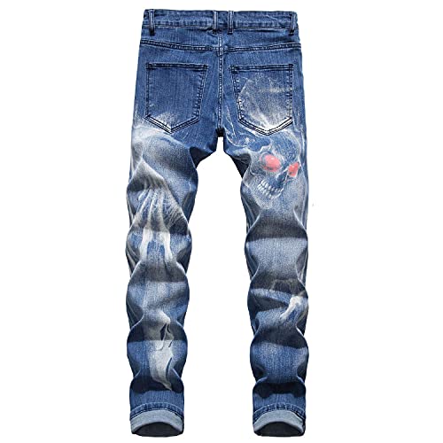 Men's Casual Printed Slim Fit Denim Pants Straight Personality Trendy Jeans Fashion Stretch Skinny Pencil Trousers (Light Blue,36)3