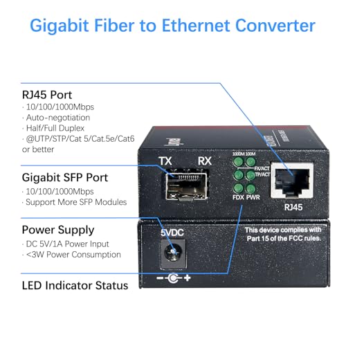 Image of Gigabit Fiber to Ethernet Media Converter, Single Mode Fiber Media Converter with 2Pack Bidi SFP SMF LC Module, 10 /100 /1000Base-TX to 1000Base-FX SFP to RJ45 Converter, up to 20km, 1 Pair