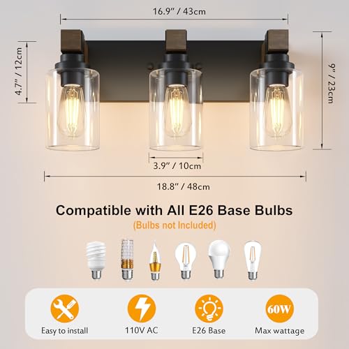 Image of Farmhouse Bathroom Vanity Light Fixtures, Rustic 3-Light Wood Vanity Lights for Bathroom, Vintage Black Wall Sconces Lighting, Light fixtures Over Mirror, with Glass Shade