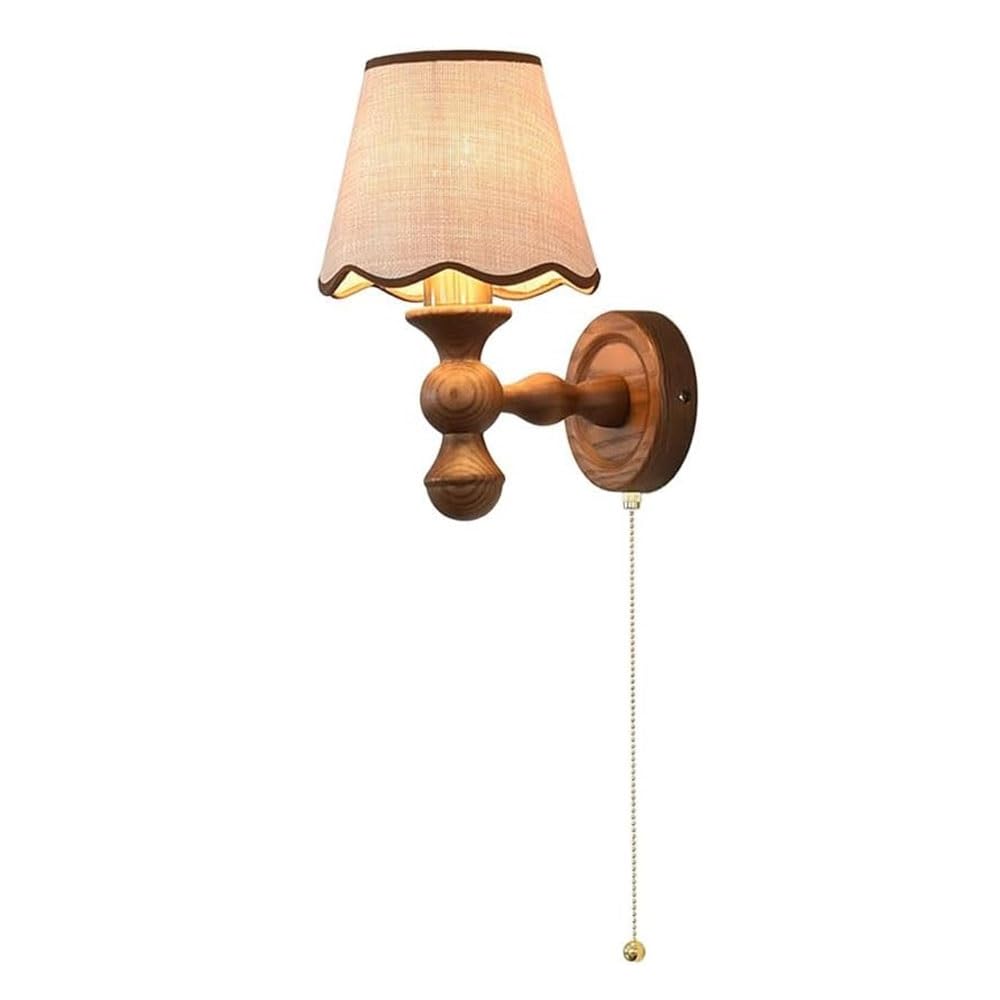FEITENGDA Modern Nordic Ash Wood Wall Sconce Vintage Faux Raffia Scalloped Shade Wall Lamp Interior Bedside Decorative Wall Mount Light with Pull Chain for Bedroom Living Room